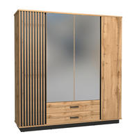 DREHTÜRENSCHRANK Lamelo mit 4 Türen und 2 Schubladen, mit Spiegel, 196 cm, Eiche Wotan - Eiche Wotan, Holzwerkstoff (196/205/52cm) - Beautysofa
