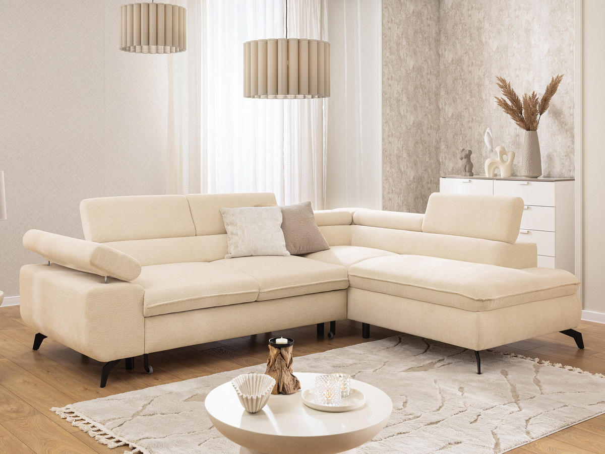 ECKSOFA mit Schlaffunktion und Bettkasten Bonnie aus Creme Chenille-Stoff mit verstellbaren Kopfstützen und Armlehne - Ottomane rechts - Creme/Schwarz, Holz/Textil (275/210cm) - S-Style Möbel