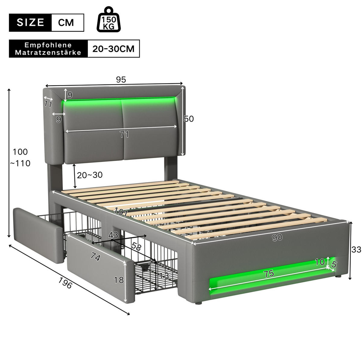 POLSTERBETT 90/190 cm mit USB-Anschluss, LED-Beleuchtung, 4 Schubladen und PU-Bezug, Grau - Grau, Kunststoff (90/190cm) - Redom