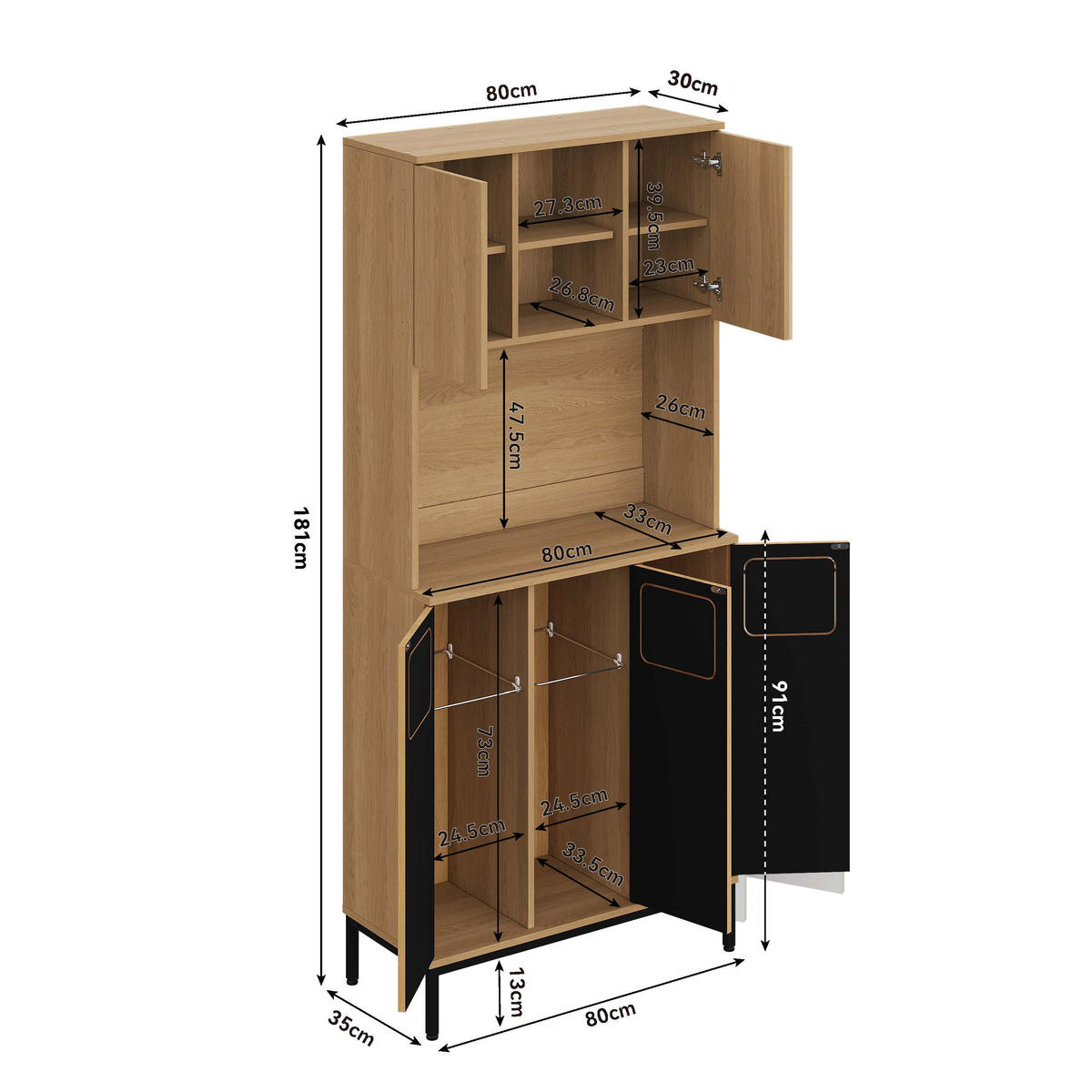 BUFFET aus MDF 35x80x181 cm Natur mit 3 Fächern, Mikrowellenablage und Stauraum - Naturfarben, Holzwerkstoff (80/181/35cm) - Modfu