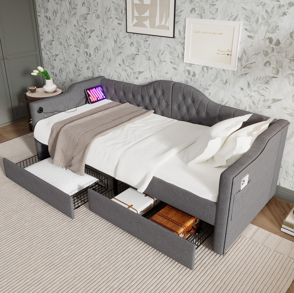 POLSTERBETT 90/200 cm mit 2 Schubladen, USB/Type-C & getufteter Lehne, Grau - Grau, Textil (90/200cm) - Redom