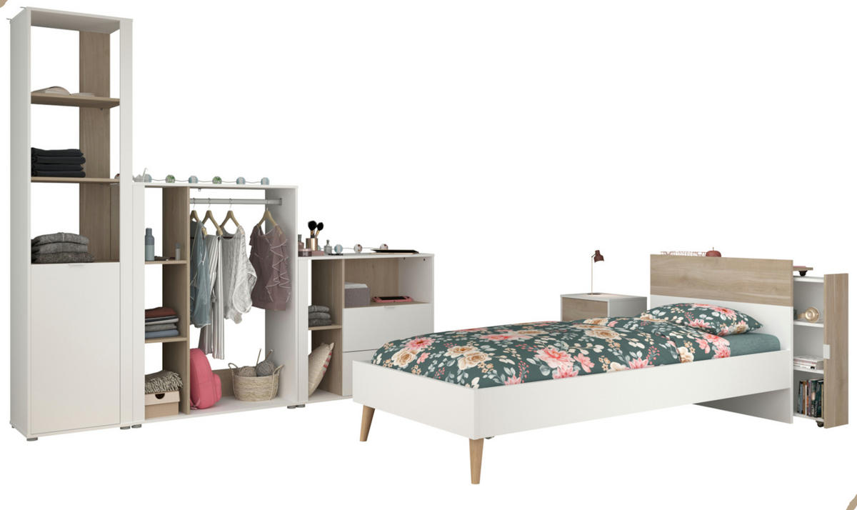 JUGENDZIMMER weiß, Eiche, Komplett-Set 6-teilig mit vielen Fächern - Eichefarben/Weiß, Holzwerkstoff (95/205/206cm) - Parisot Meuble