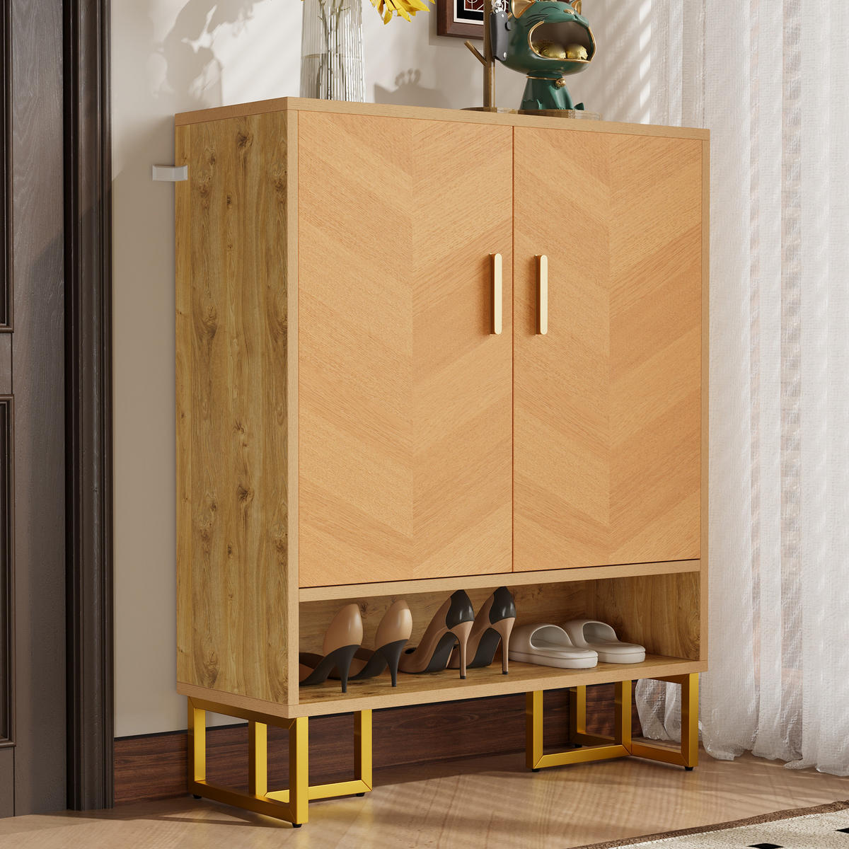 SCHUHSCHRANK 2 Türen Holzoptik Goldrahmen - Naturfarben, Holz (80/100/38cm) - LEBENLANG