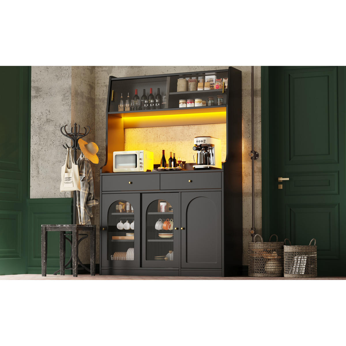 KÜCHENSCHRANK 120x40x180 cm, 2 Schubladen, LED-Beleuchtung, Glastüren, Schwarz - Schwarz, Holzwerkstoff (120/180/40cm) - FOHERE