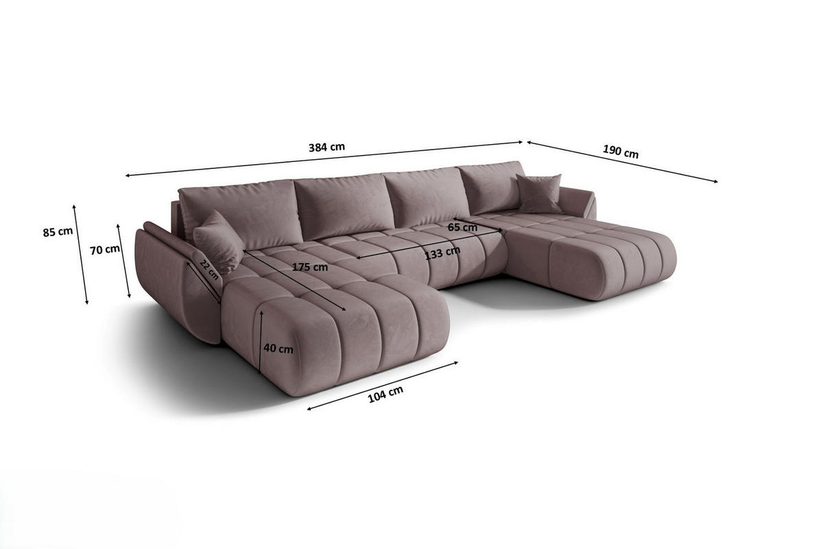 ECKSOFA mit schlaffunktion und bettkasten TOKYO U PREMIUM, stoff MONOLITH, Lila - Violett, Holz (384/190cm) - Kaiser Möbel