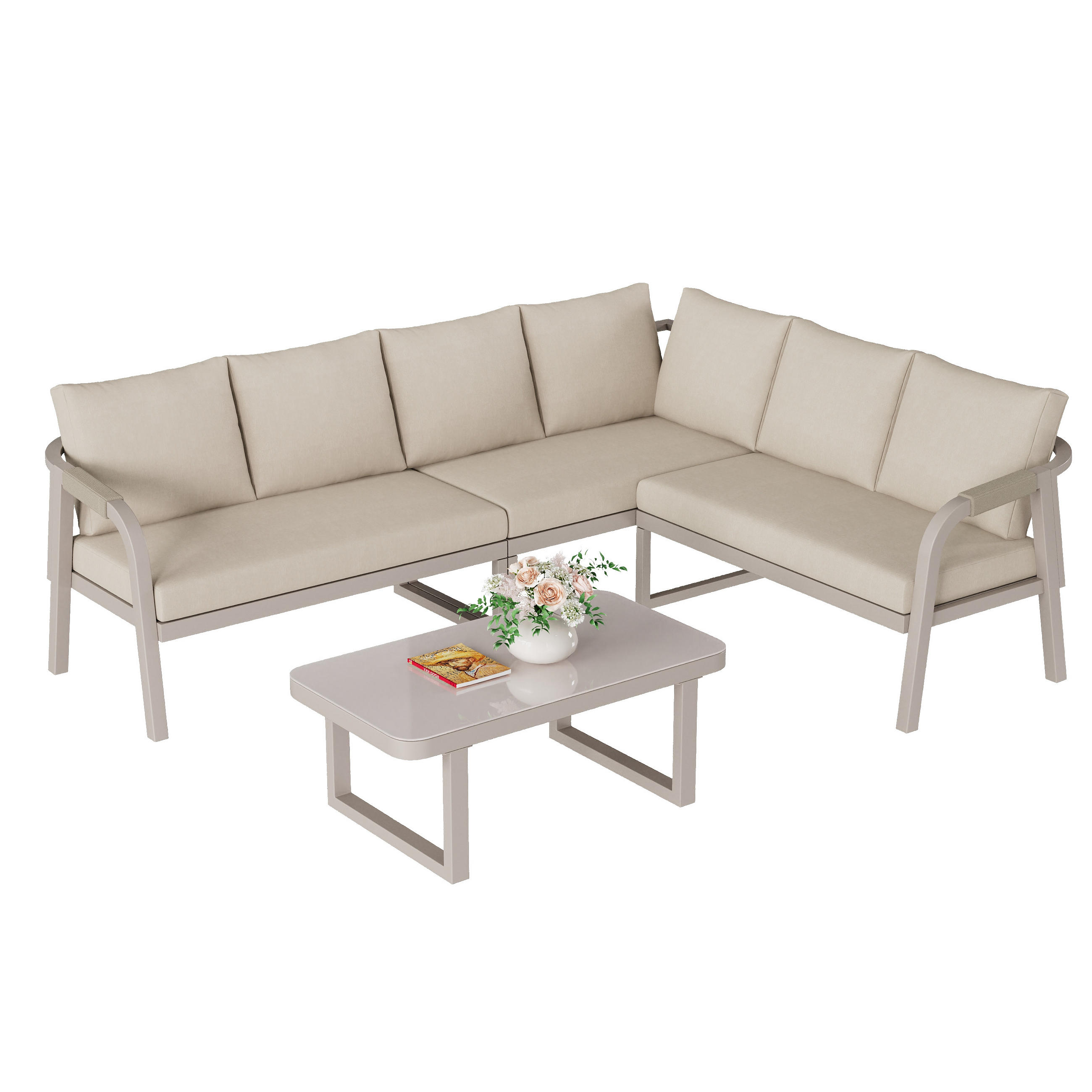 GARTENMÖBEL-SET 6 Personen Ecksofa Couchtisch Stahl Beige - Beige, Textil - FLIEKS