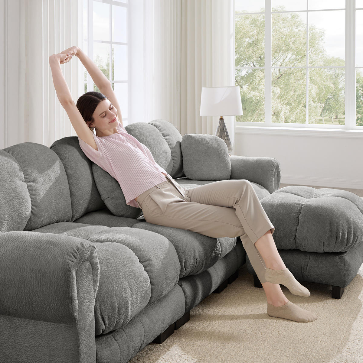 SOFA U-Form 4-Sitzer Chenille Hellgrau - Hellgrau, Holz (149/90/330.1cm) - Meubliv