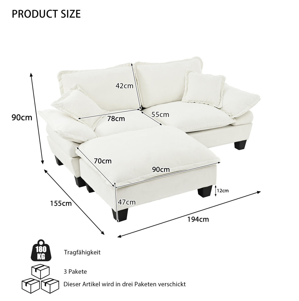 ECKSOFA 194/151/90 cm mit beweglicher Ottomane, Chenille-Bezug und 2 Kissen, Beige - Beige, Textil (194/151cm) - Redom