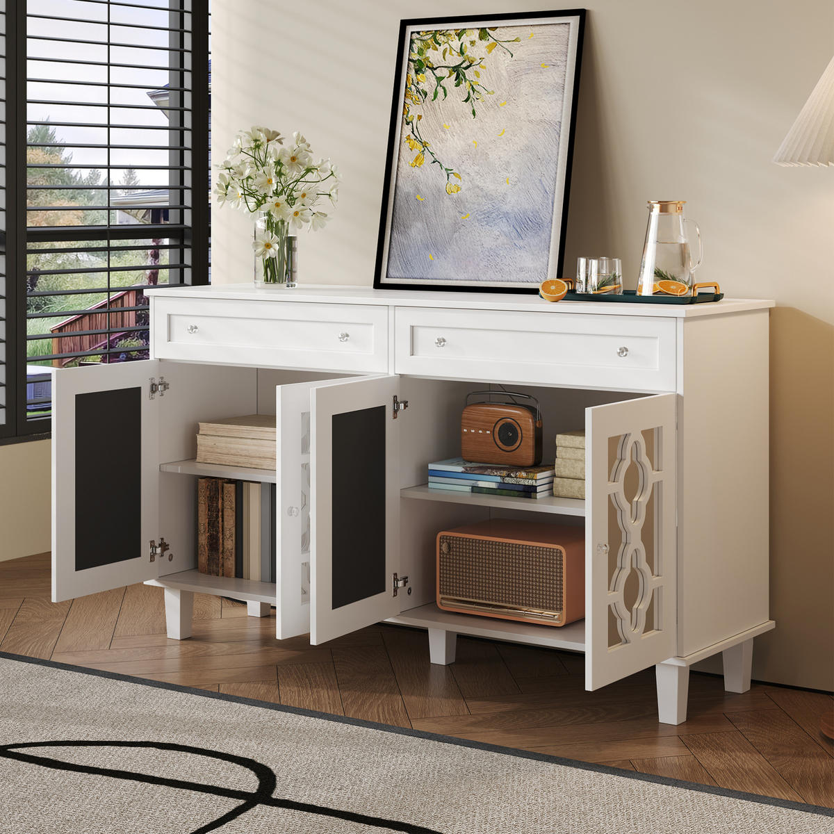 SIDEBOARD 140/40/83 cm mit 4 Spiegeltüren & 2 Schubladen in Weiß - Weiß, Holzwerkstoff (140/83/40cm) - BEAOK