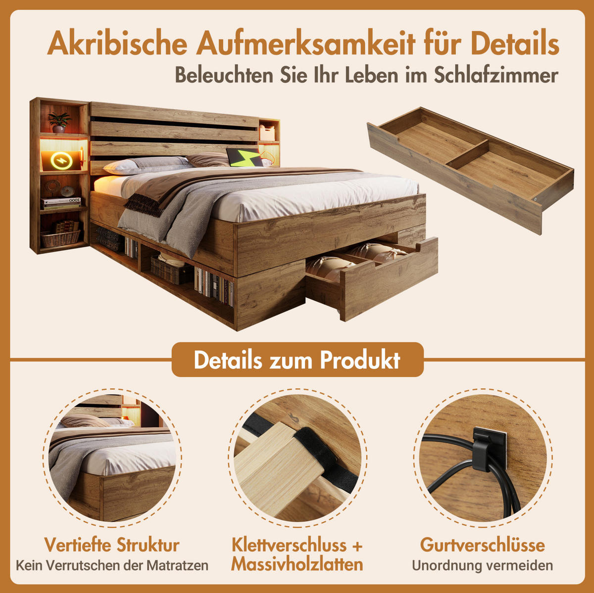POLSTERBETT 180/200 cm Eiche aus Holz und Metall mit LED und Stauraum - Eichefarben, Metall (180/200cm) - OKMYHOME