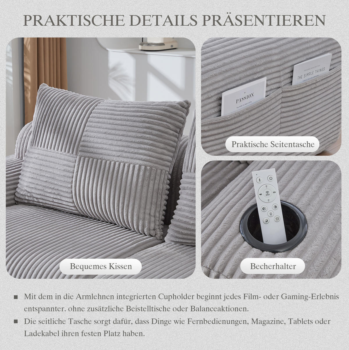 4-SITZER Wohnlandschaft Cord mit 2 Hockern und Getränkehalter 333/174/80 cm Hellgrau - Hellgrau, Textil (174/80/333cm) - Redom