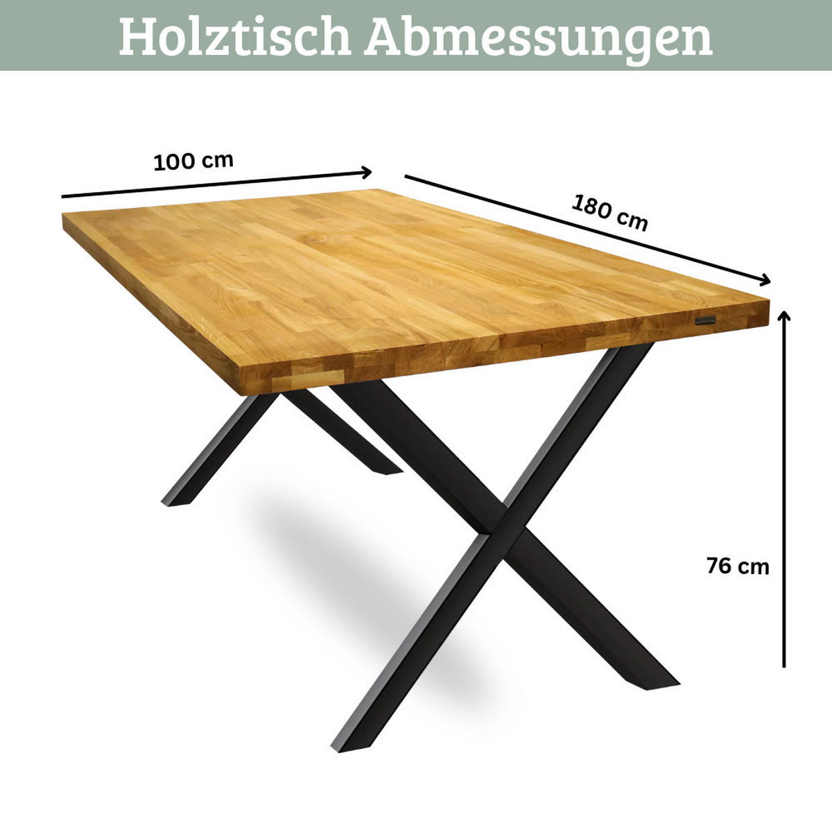 ESSTISCH Massivholz MEDO 180x100 cm Eichenholz X Gestell - Braun, Holz/Metall (100/180/76cm) - DELUKE