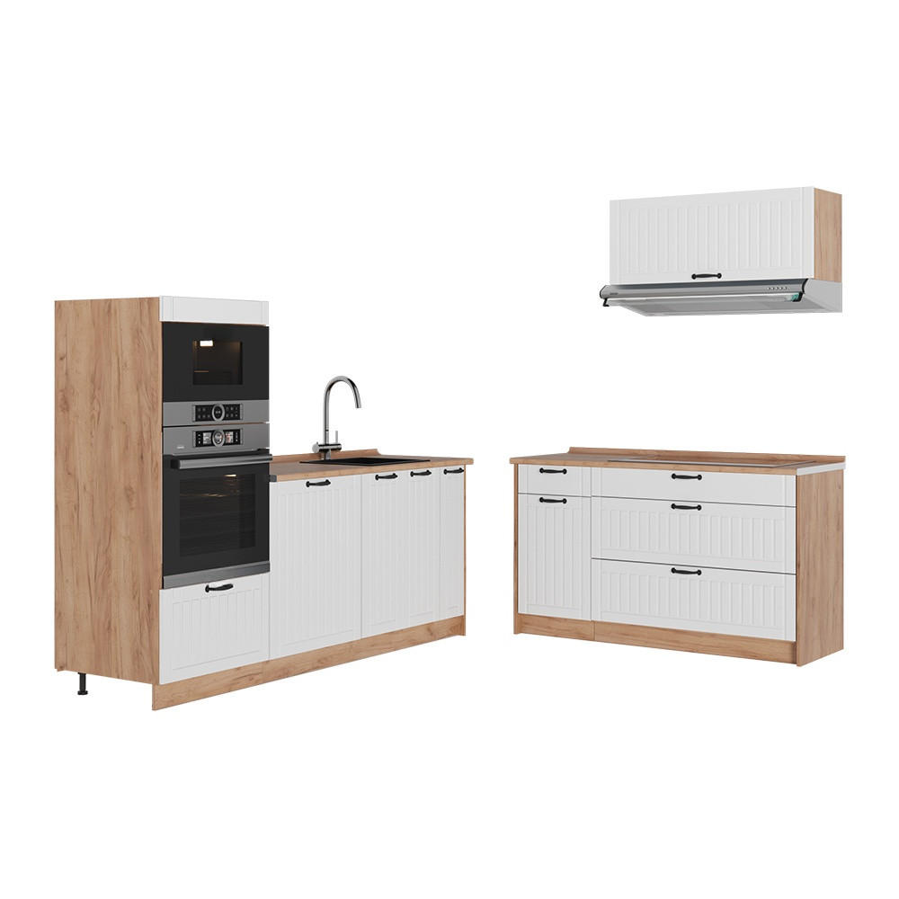 KÜCHENZEILE Fame-Line, Weiß Landhaus/Goldkraft Eiche, 340 cm ohne Arbeitsplatte - Honigeiche/Weiß, Holzwerkstoff (340/153.6/51.6cm) - Vicco