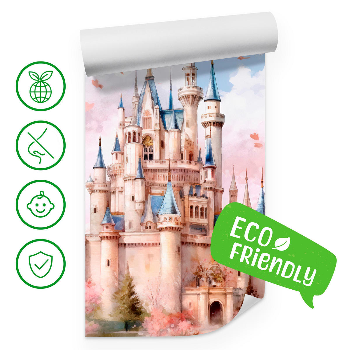 FOTOTAPETE für Kinderzimmer Märchenschloss Aquarell 300x210 - Blau/Violett, Papier (300/210cm) - Muralo