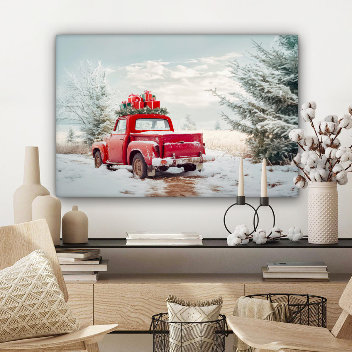 LEINWANDBILD Auto - Rot - Geschenke - Winter - Schnee - Weihnachten Wanddeko 90x60 cm - Rot, Textil (90/60cm) - MuchoWow