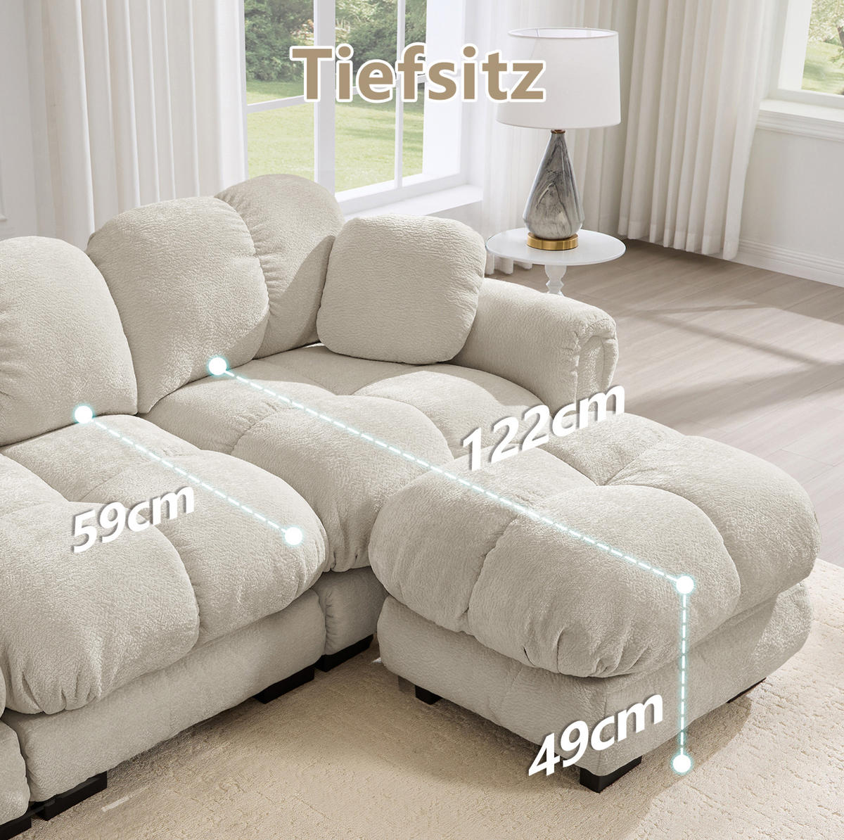 SOFA 190/86/90 cm in Hellkhaki aus Chenille mit Steppnähten - Sandfarben, Textil (86/90/190cm) - Flora Grace