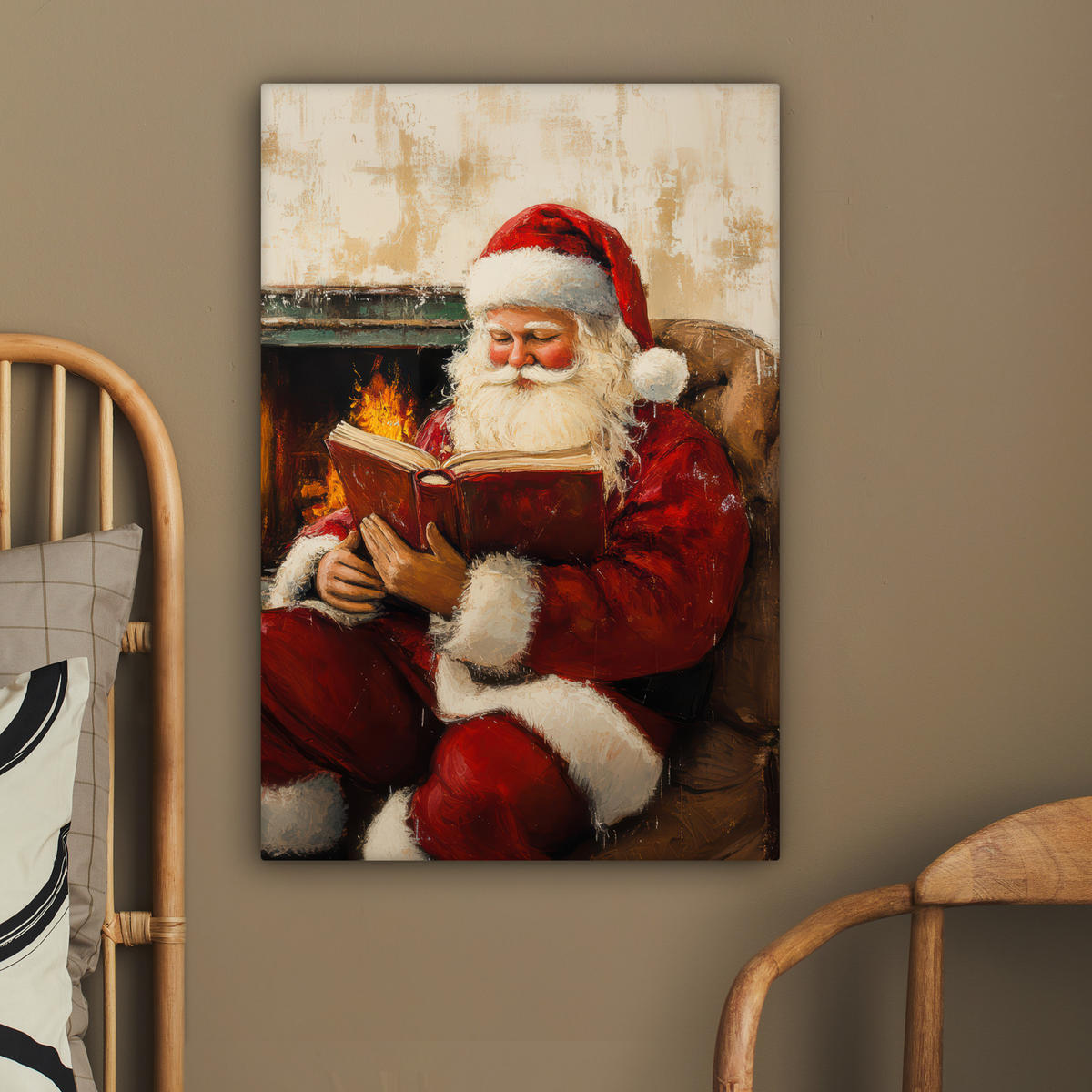 LEINWANDBILD Weihnachten - Weihnachtsmann - Winter - Open Fireside 40x60 cm - Dunkelrot, Textil (40/60cm) - MuchoWow