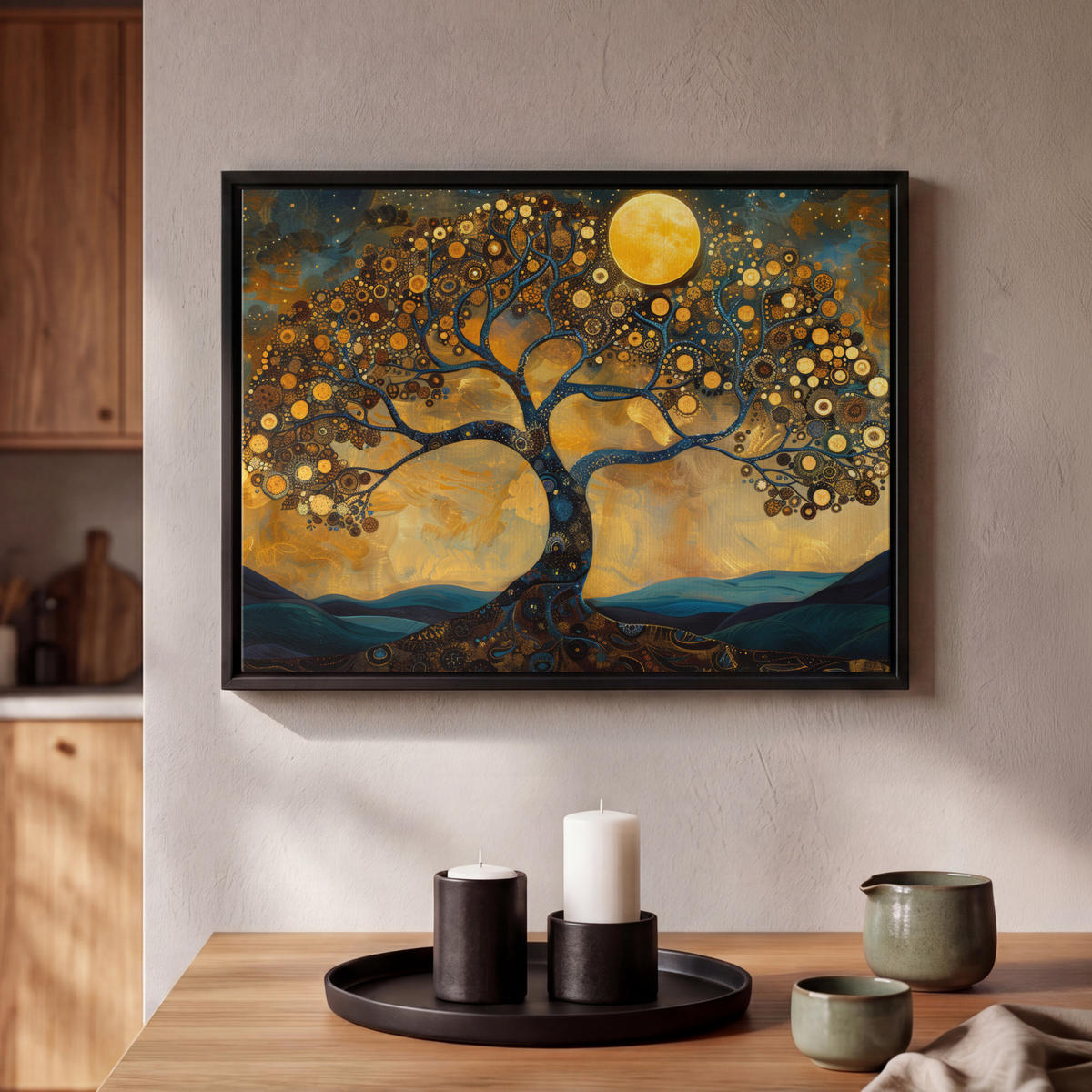 LEINWAND Bilder mit Rahmen - Baum - Mond - Blumen - Gold - Kunst - 40x30 - Orange, Textil (40/30cm) - MuchoWow