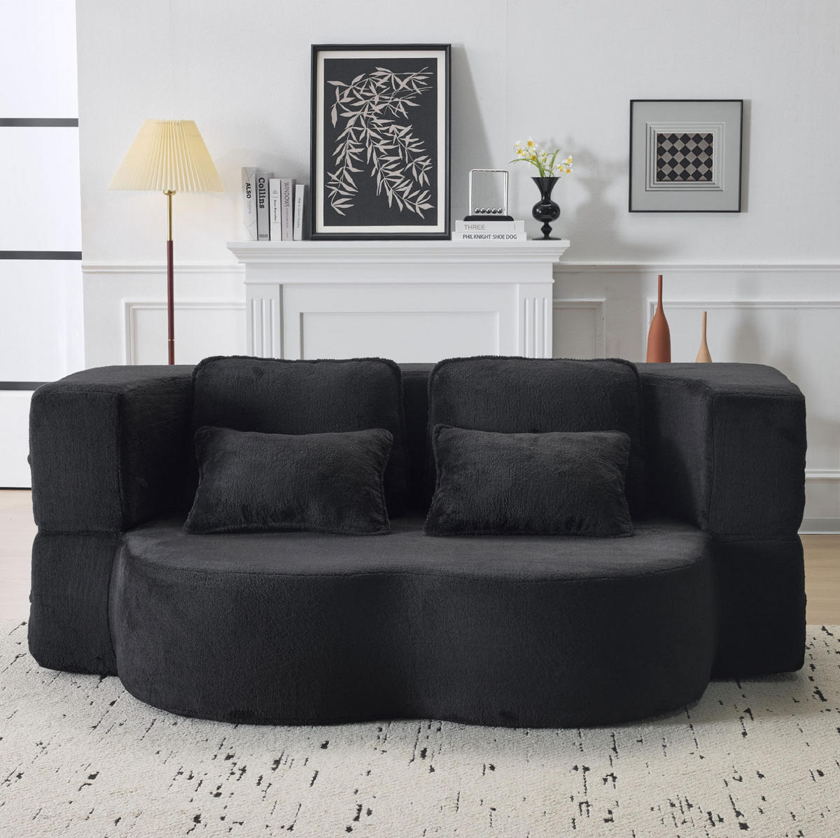 BODENSCHLAFSOFA mit Schlaffunktion, 4 Kissen und ergonomischer Polsterung, Schwarz - Schwarz, Textil (198/76/60cm) - Redom