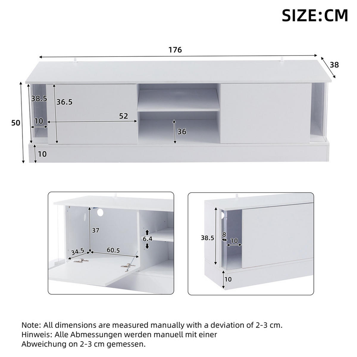 TV-SCHRANK Hochglanzweiß LED-Beleuchtung Stauraum bis 70 Zoll - Weiß, Holz (48.26/17.78/64.77cm) - FLIEKS