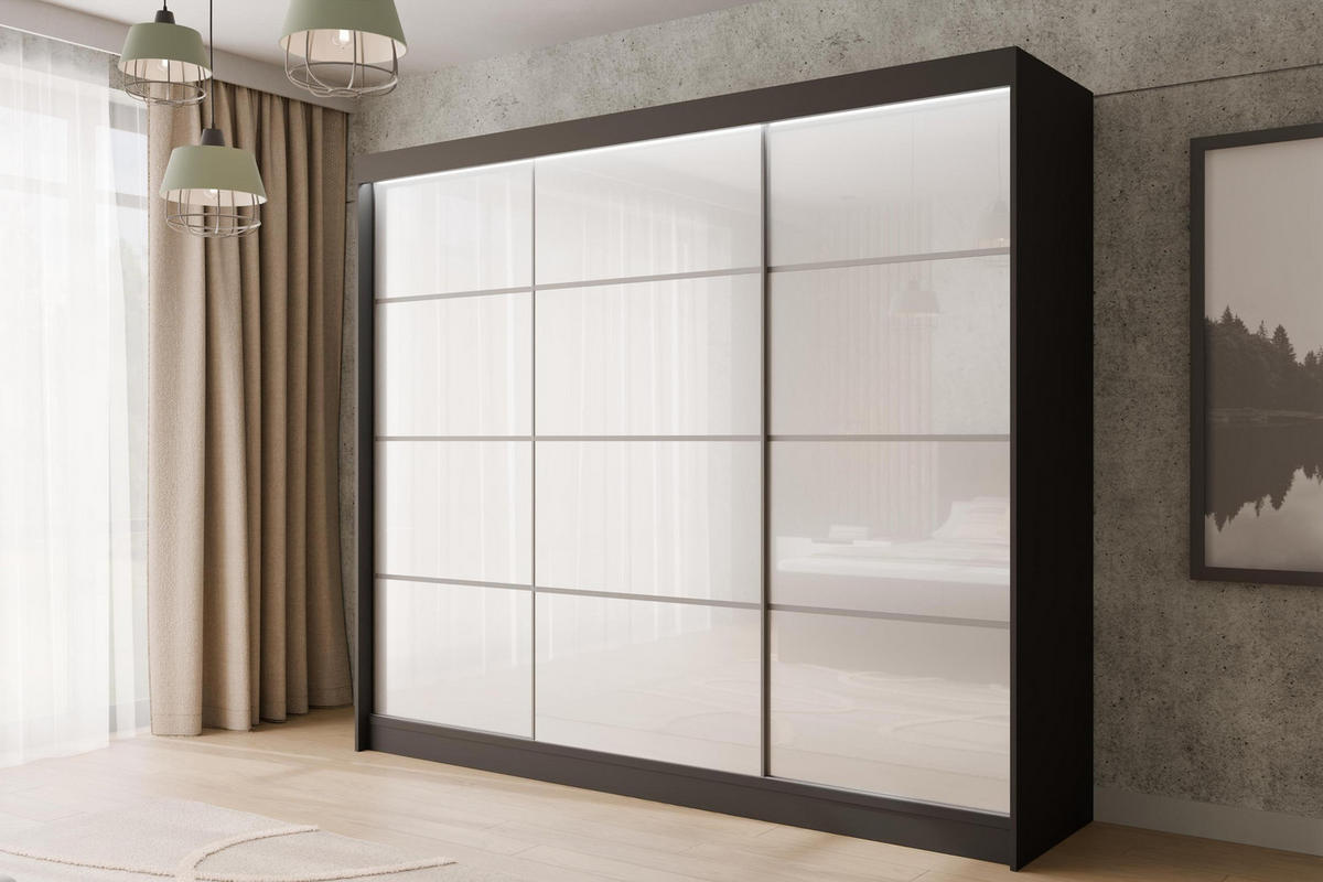 KLEIDERSCHRANK PEKA III mit LED - 250 cm - Schwarz|Weiß - Schwarz/Weiß, Holzwerkstoff (250/215/61cm) - ALTDECOR