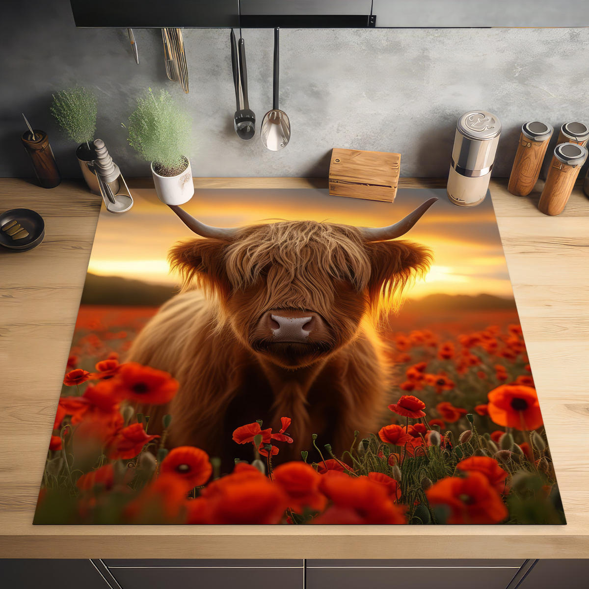 HERDABDECKPLATTE Schottische Highlander - Rosen - Blumenfeld - Sonnenuntergang Induktionsmatte 78x78 cm - Rotbraun, Kunststoff (78/78/0.2cm) - MuchoWow