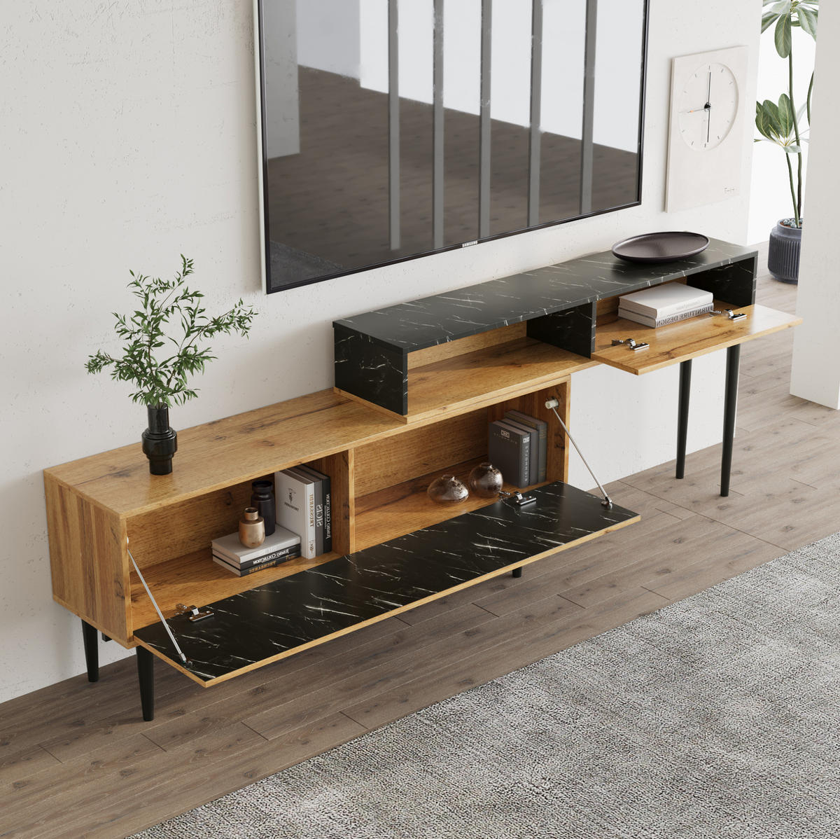 LOWBOARD TV-Lowboard aus MDF und Spanplatte mit Marmor- und Holzdekor Naturfarben - Naturfarben, Holzwerkstoff (240/58/22cm) - Modenvie