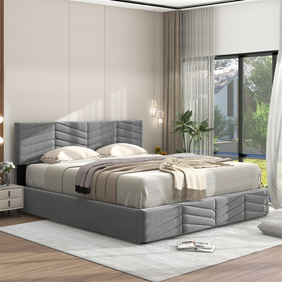 POLSTERBETT 140/200 cm in Grau Samt - Grau, Holz/Textil (140/200cm) - KOMHTOM