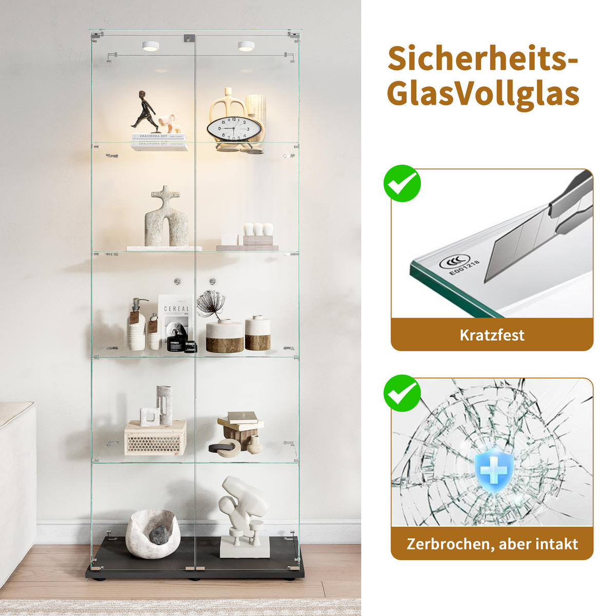STANDVITRINE 78,5x186,5cm Schwarz mit Spots, 5 Böden, abschließbar - Schwarz, Glas (34.5/186.5/78.5cm) - SHOPENTRA