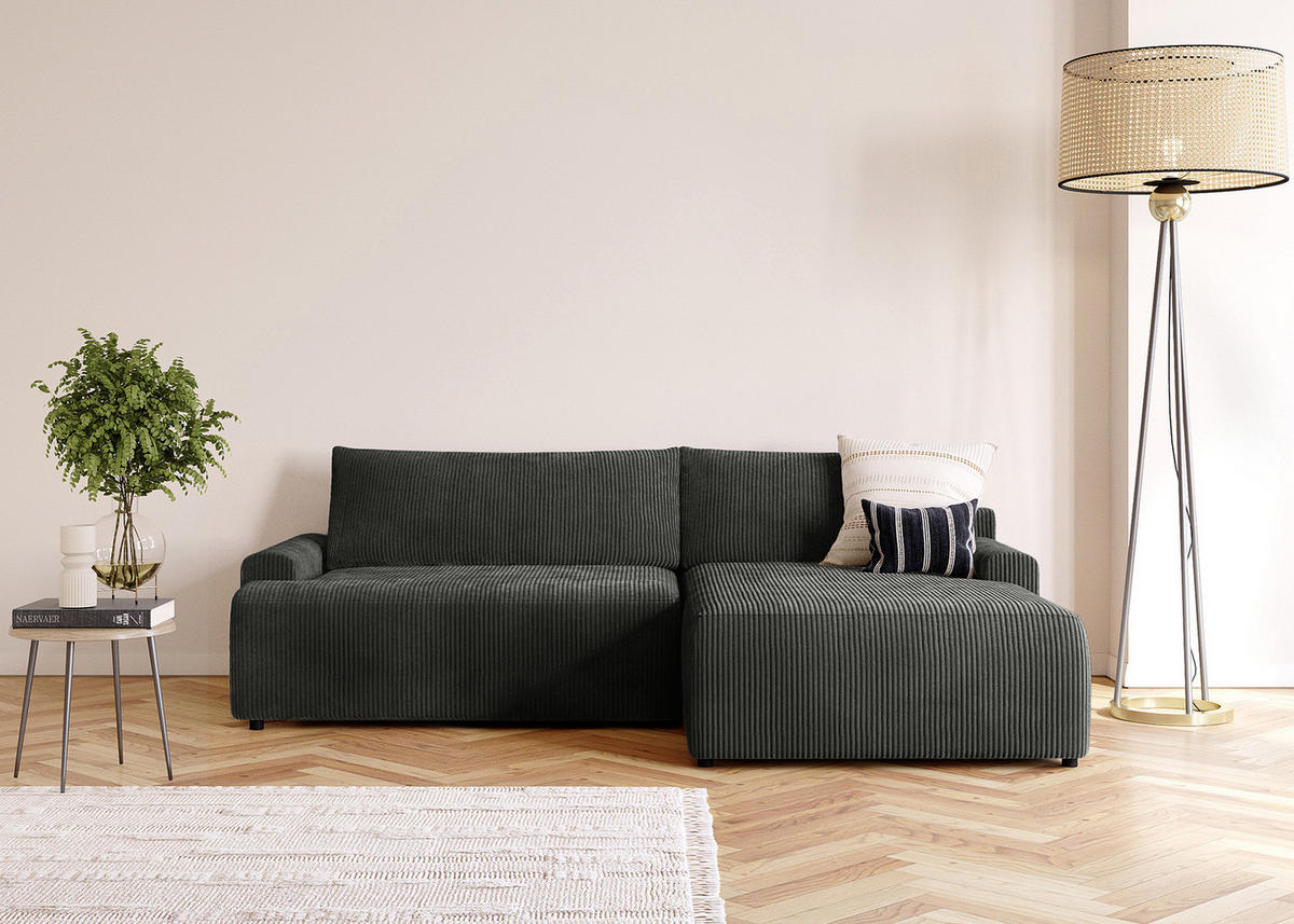 ECKSOFA mit Schlaffunktion - Longchair - Dunkelgrau/Schwarz, Kunststoff/Textil (253/167cm) - home24