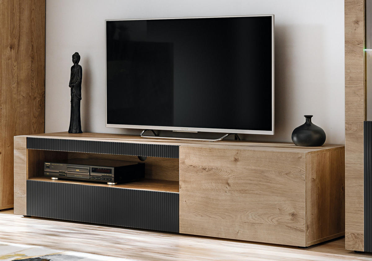 TV-LOWBOARD Ribbeck Eiche, schwarz 160 cm, TV Unterschrank mit Push-to-Open und Soft-Close - Eichefarben/Schwarz, Holzwerkstoff/Kunststoff (160/45/42cm) - Inn.Furn