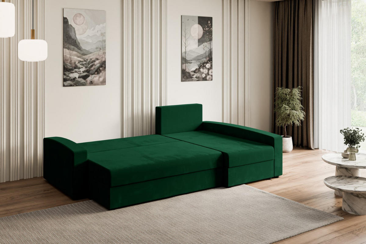 ECKSOFA mit Schlaffunktion und Bettkasten ALESIA-L 231x140x90 cm Grün Velours - Silberfarben/Grün, Holzwerkstoff/Kunststoff (231/140cm) - ALTDECOR