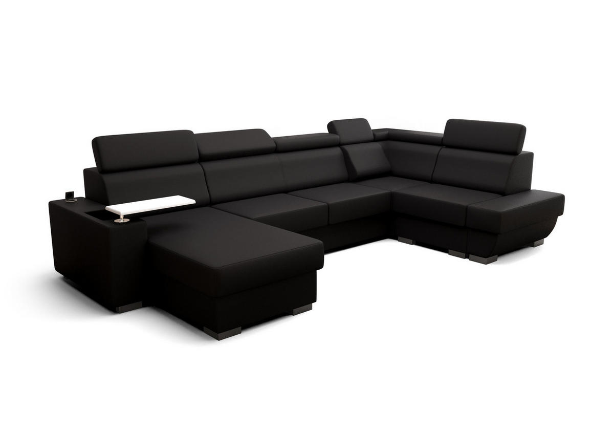 WOHNLANDSCHAFT KONGO RBN20, Eckcouch in U-Form mit Schlaffunktion, Farbe: Schwarz, Kunstleder, Ottomane Links - Schwarz, Textil (340/103/200cm) - O-Sofa