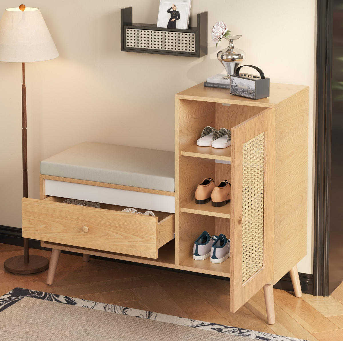 SCHUHSCHRANK 95,5/35/80,5 cm mit Sitzkissen, Schubladen und Rattan-Optik aus MDF und Holzwerkstoff, Natur - Naturfarben, Holzwerkstoff (95.5/80.5/35cm) - Redom