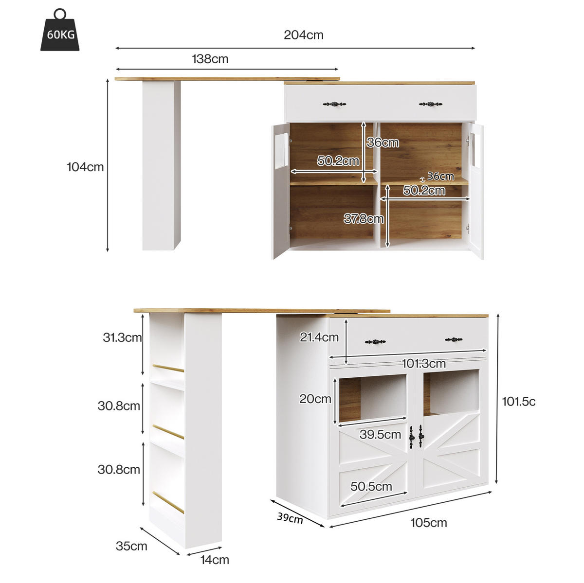 KÜCHENINSEL aus MDF 138-204x39x104 cm in Weiß mit 360° Drehfunktion - Weiß, Holzwerkstoff (204/104/39cm) - Modfu