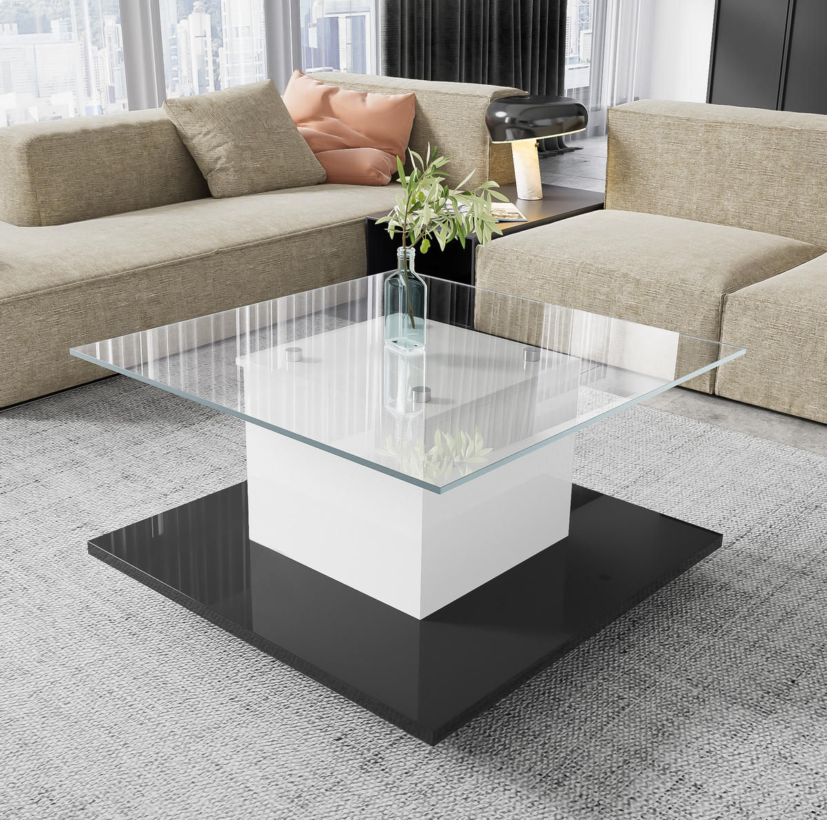 COUCHTISCH 80/80/40 cm mit LED-Beleuchtung, Glasplatte und Rollen - Weiß, Holzwerkstoff (80/80/40cm) - Flora Grace