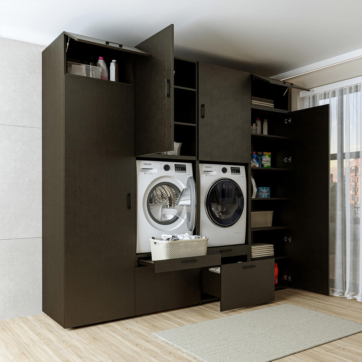 WASCHMASCHINENSCHRANK Serie 2 254cm Breit, 240cm Hoch - Schwarz, Holzwerkstoff (254/240/67cm)