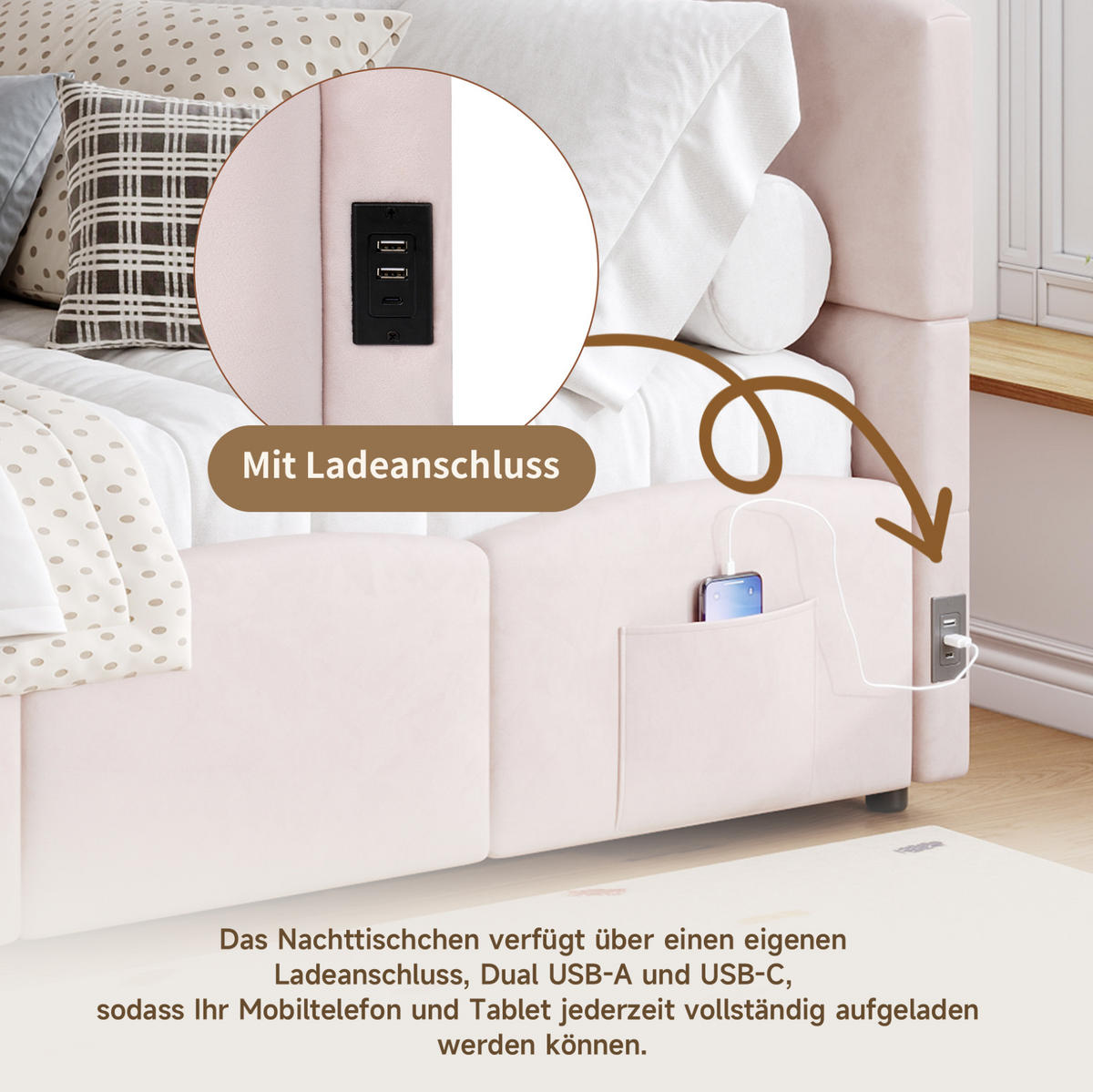 POLSTERBETT 90/200 cm mit hydraulischem Stauraum, USB-A/USB-C und Seitentaschen, Samt, Rosa - Rosa, Textil (90/200cm) - Redom