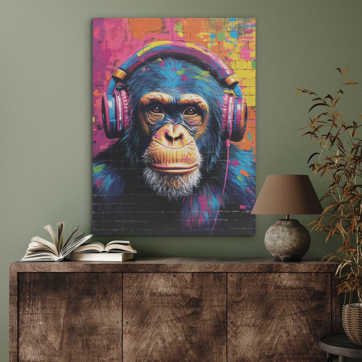 AKUSTIKPANEEL Graffiti - Schimpanse - Straßenkunst - Kopfhörer - Affe 60x80 cm - Blau, Textil (60/0.9/80cm) - MuchoWow