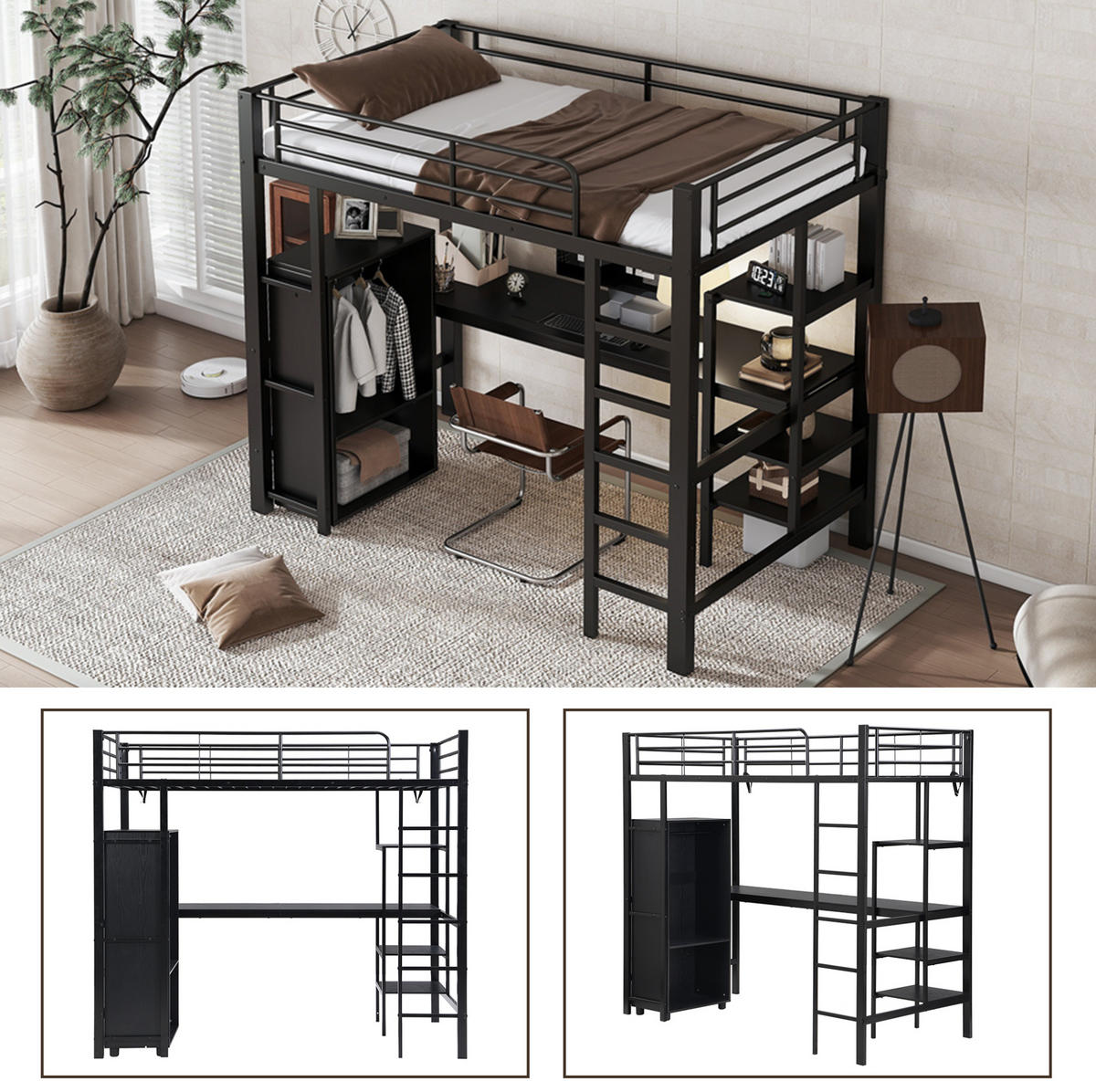 ETAGENBETT 90/200 cm in Schwarz mit Schreibtisch und Kleiderschrank - Schwarz, Metall (90/200cm) - OKMYHOME