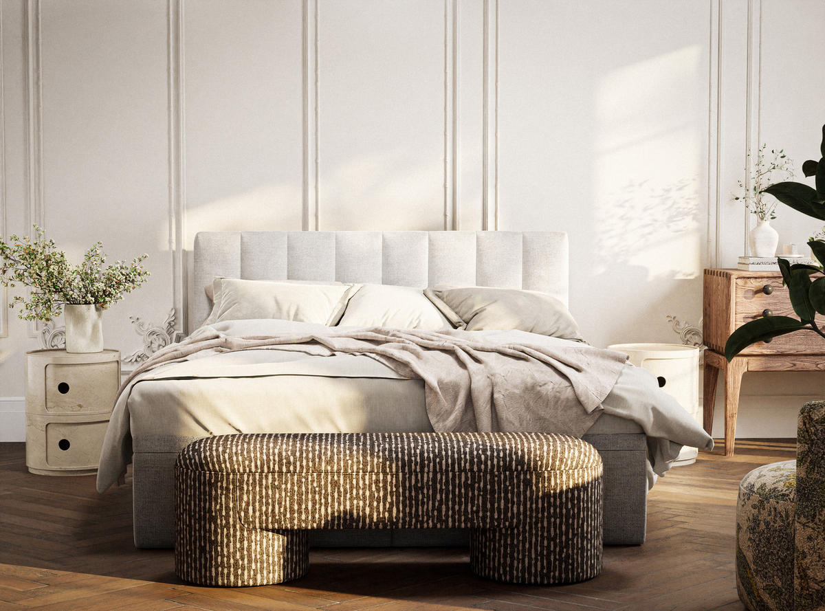 BOXBETT 140/200 cm Lovage S, in Hellbeige, Matratze, gepolstertes Kopfteil, Bettkasten, H3 = fest - Beige/Schwarz, Holz/Holzwerkstoff (140/200cm) - Maison de Reve