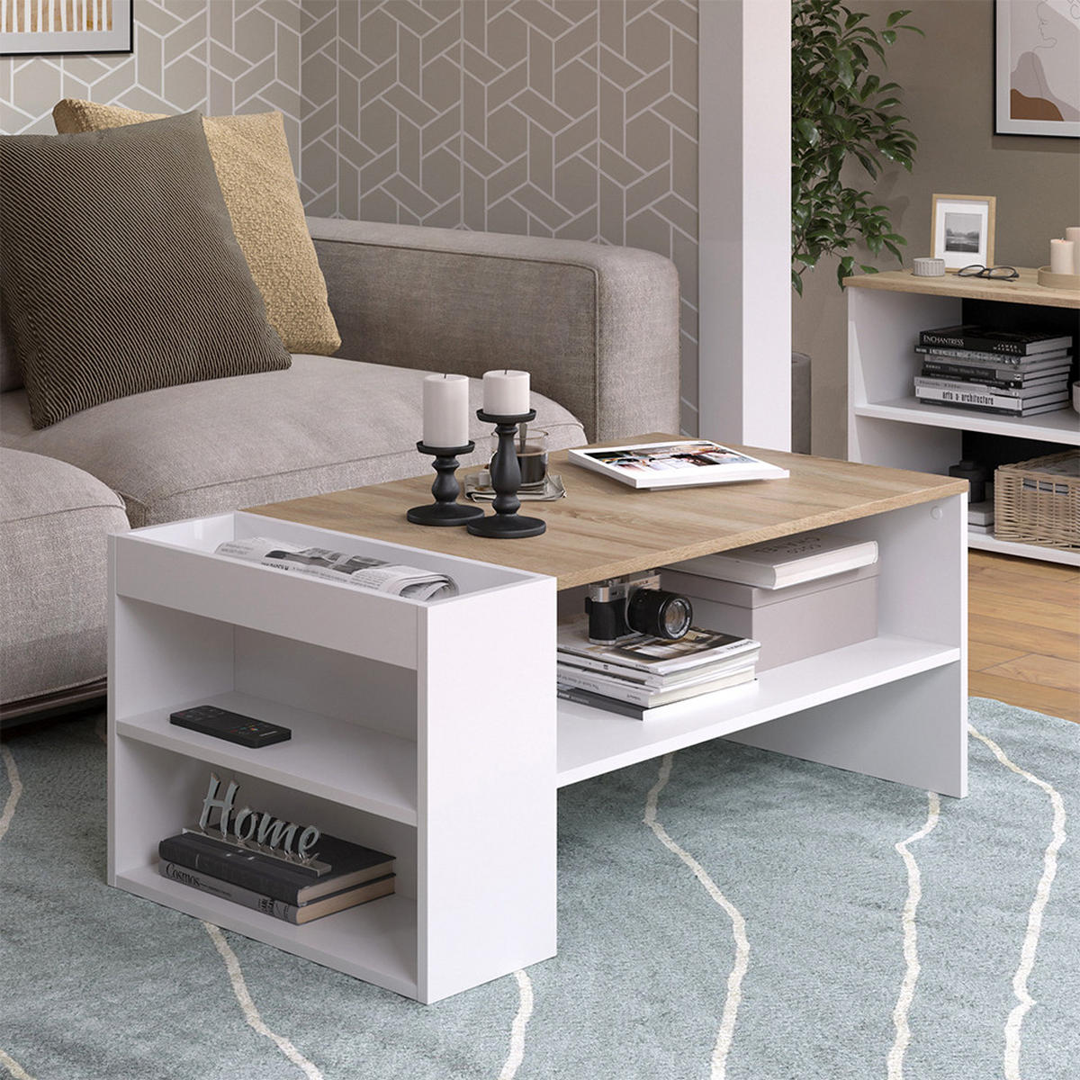 COUCHTISCH Wido Weiß/Sonoma 100 x 55 cm mit Regalen - Weiß, Holzwerkstoff (55/100/42cm) - Vicco