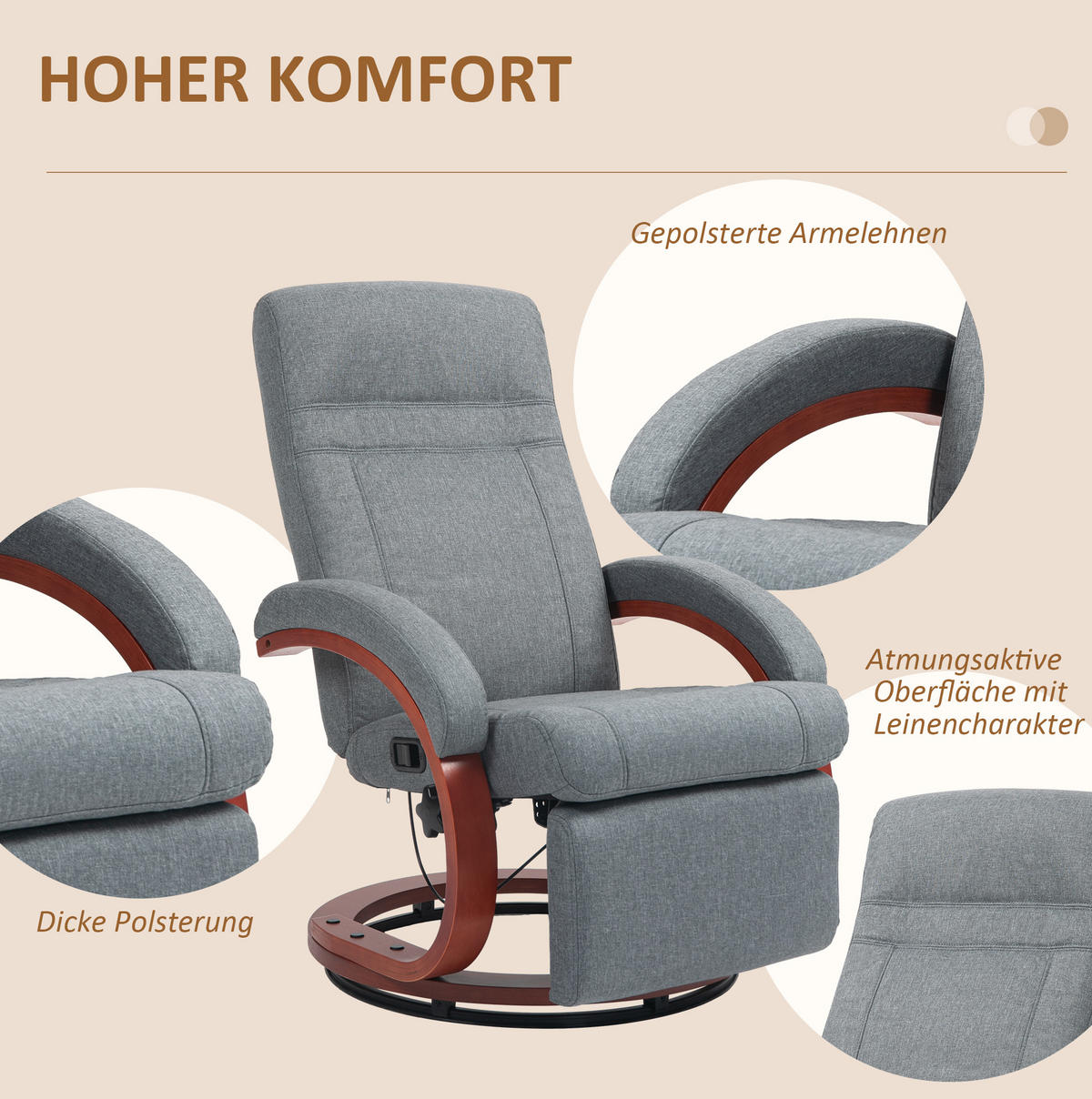 RELAXSESSEL in Grau 68x86x100 cm mit 135° verstellbarer Rückenlehne, Fußhocker und Drehfunktion - Grau, Textil (86/100/68cm) - IVMEU
