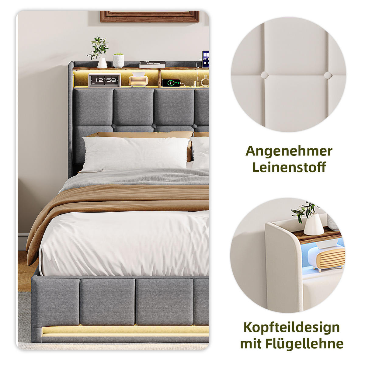 POLSTERBETT 140x200cm Grau Leinen LED USB-C Stauraum - Grau, Metall - SHOPENTRA