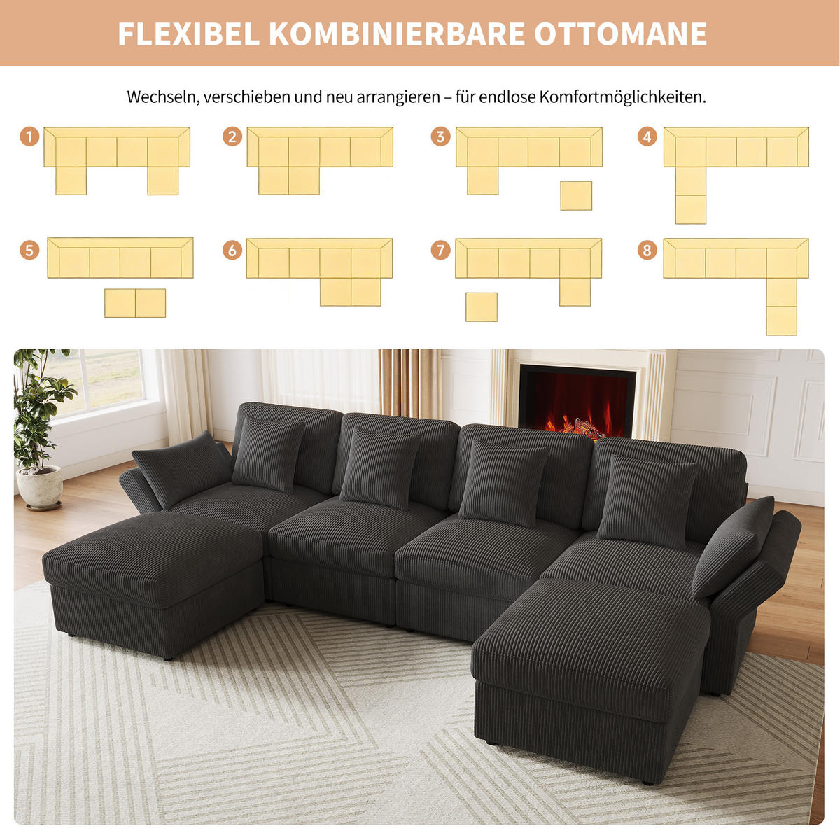 WOHNLANDSCHAFT 290/159.5/89 cm Grau mit 2 abnehmbare Fußhocker - Grau, Textil (290/89/159.5cm) - Oxeza