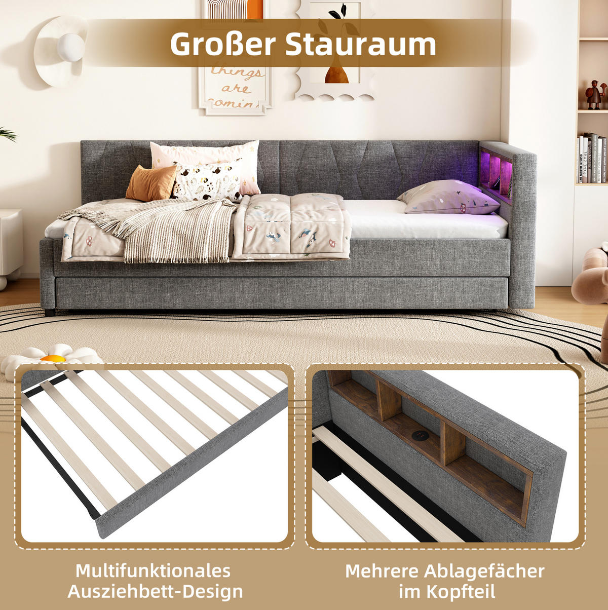 POLSTERBETT 90/200 cm Grau aus Leinen mit USB-Anschluss und LED-Lichtleiste - Grau, Textil (90/200cm) - OKMYHOME