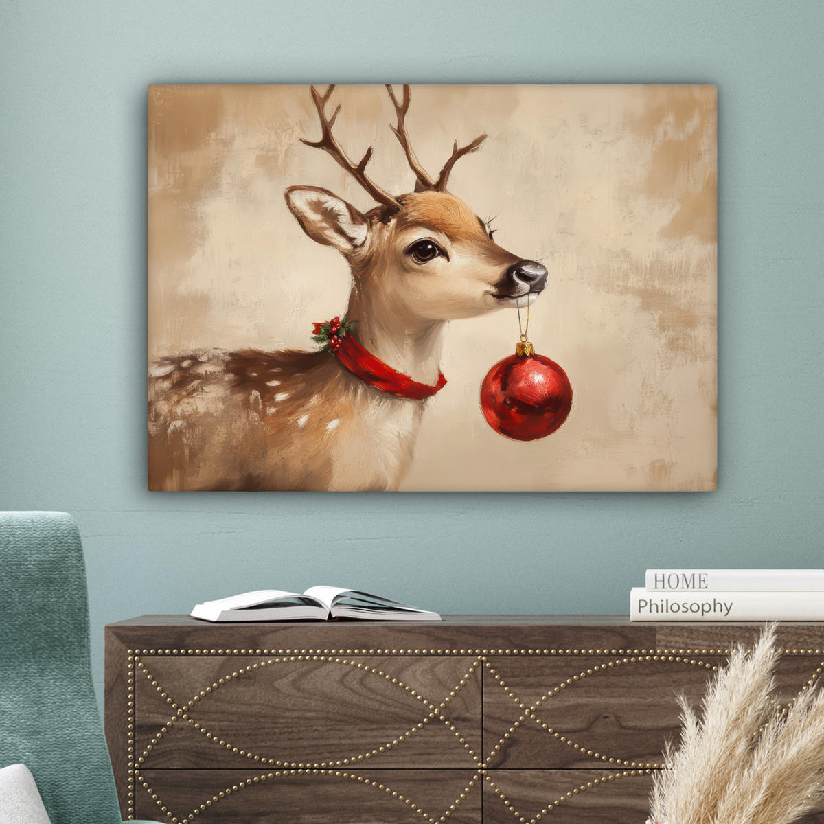 LEINWANDBILD Weihnachten - Hirsch - Geweih - Weihnachtskugel - Rentier Wandbilder 80x60 cm - Hellbraun, Textil (80/60cm) - MuchoWow