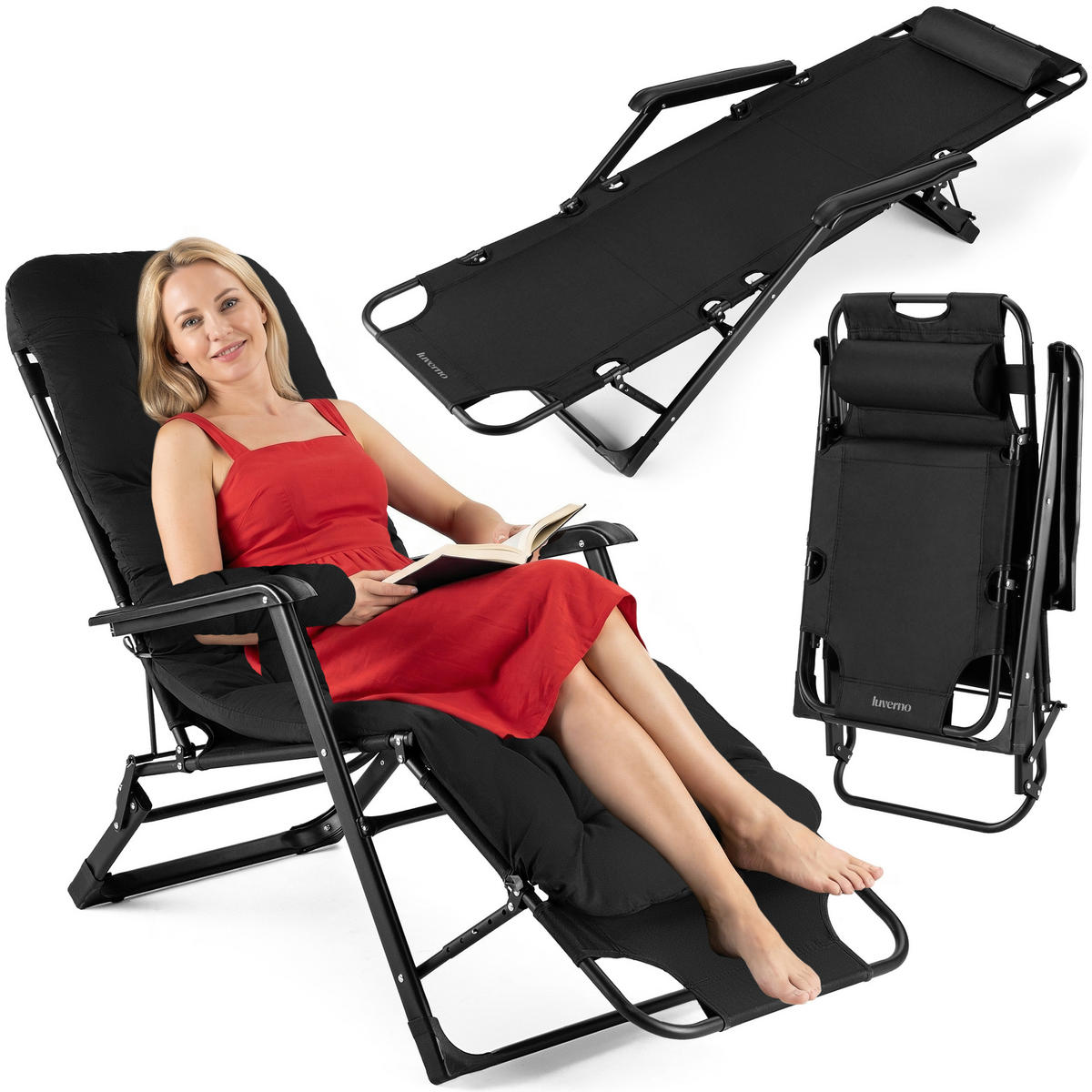 GARTEN-RELAXSESSEL mit Kissen, 180/52 cm, bis 120 kg - Schwarz, Metall (52/76/180cm) - Luverno