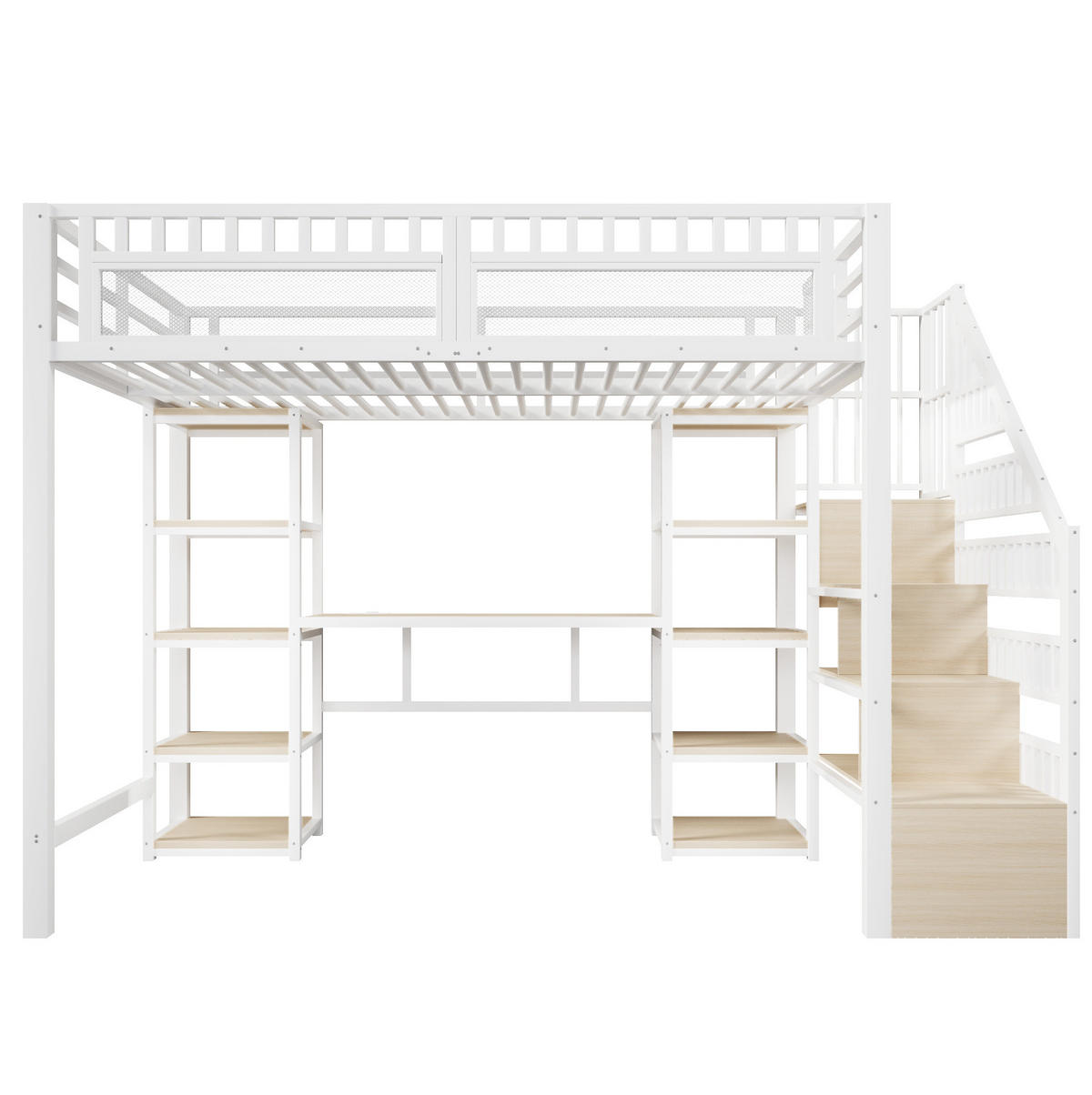 HOCHBETT 140/200 cm in Weiß – mit Schreibtisch, Stauraumleiter und LED - Weiß, Metall (140/200cm) - BEAOK