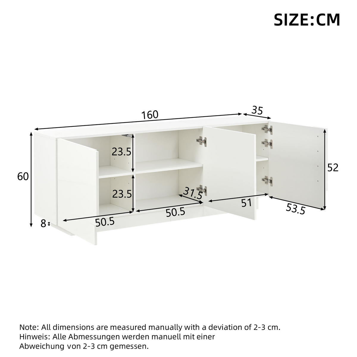 SIDEBOARD Weiß Hochglanz 3 Türen 6 Fächer 160cm Modern - Weiß, Holzwerkstoff (35/60/160cm) - FLIEKS